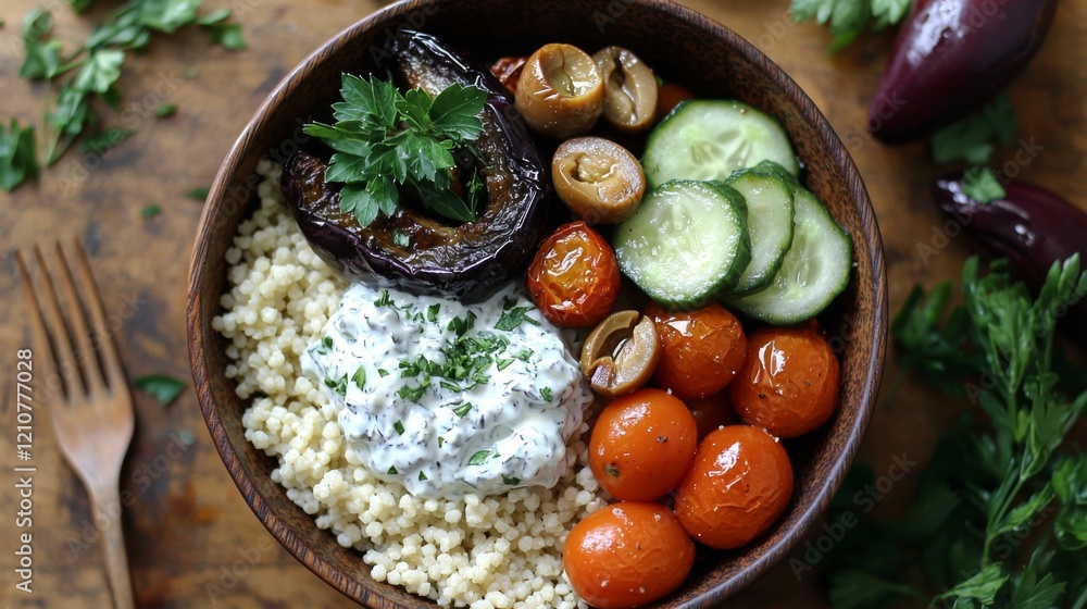 Mediterranean grain bowl with couscous vegetables and tzatziki Mediterranean grain bowl with couscous vegetables and tzatziki