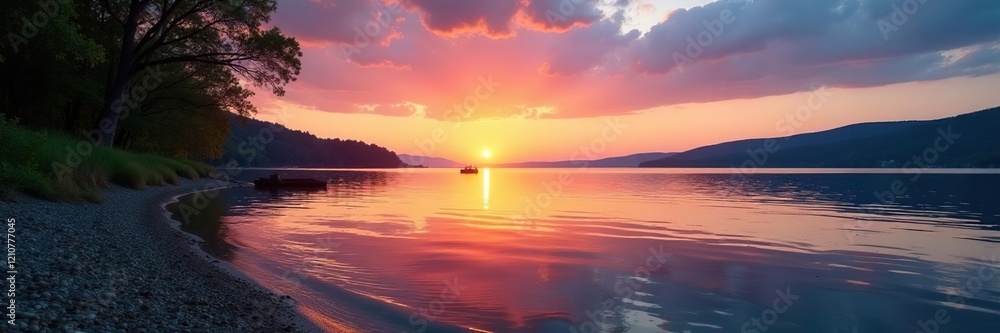 Lake's gentle lapping against the shore as sunset dips low, calm, serene atmosphere, nature Lake's gentle lapping against the shore as sunset dips low, calm, serene atmosphere, nature