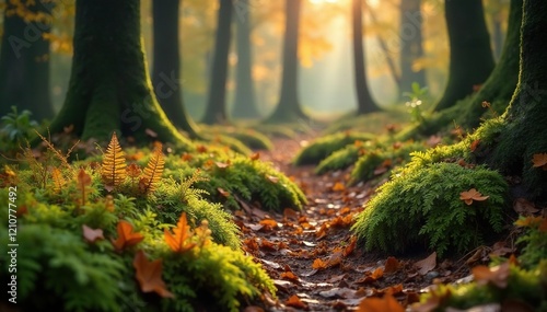 Fototapeta Naklejka Na Ścianę i Meble -  A forest floor carpeted with ferns, moss, and leaves in autumn hues, autumn, fauna