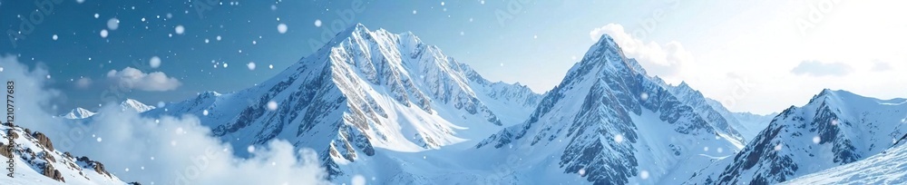 Fototapeta premium Frosty air is filled with swirling snowflakes over a snowy mountain peak, mountain, winter, cloud
