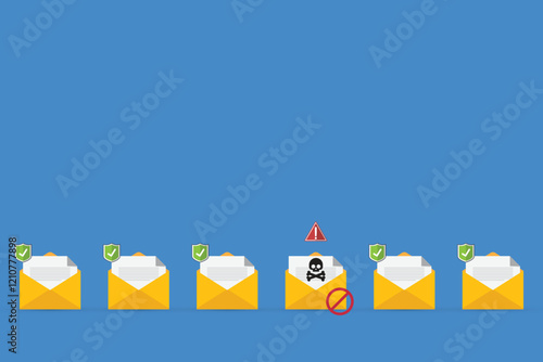 Email / envelope with black document and skull icon. Virus, malware, email fraud, e-mail spam, phishing scam, hacker attack concept. Vector illustration	