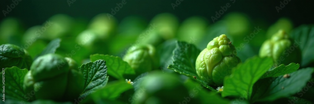 Dark green foliage surrounds a lone sprout with tiny flowers, minimalist decor, brussels sprouts, greenery