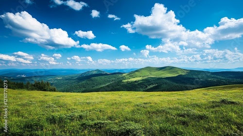 landscape of mountain range under bright blue sky, serene and peaceful, high detail, natural and calming atmosphere