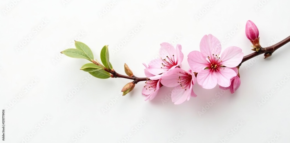 Obraz premium delicate pink flower branch with subtle green leaves on white background, floral, flowers, branches