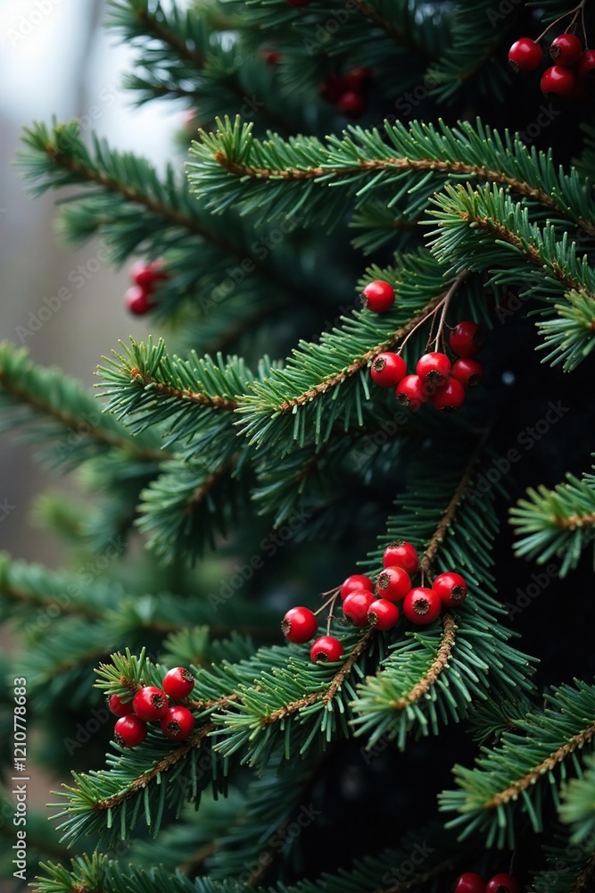 A majestic fir tree with dark green branches and scattered red hawthorn berries, winter flowers, evergreen foliage A majestic fir tree with dark green branches and scattered red hawthorn berries, winter flowers, evergreen foliage