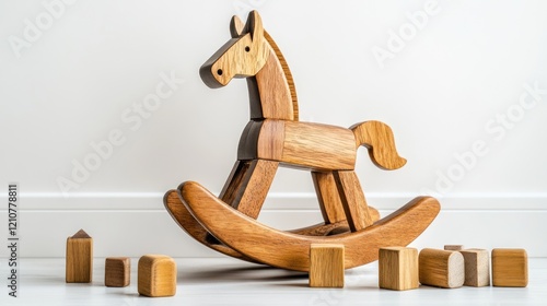 Wooden rocking horse toy with blocks. photo