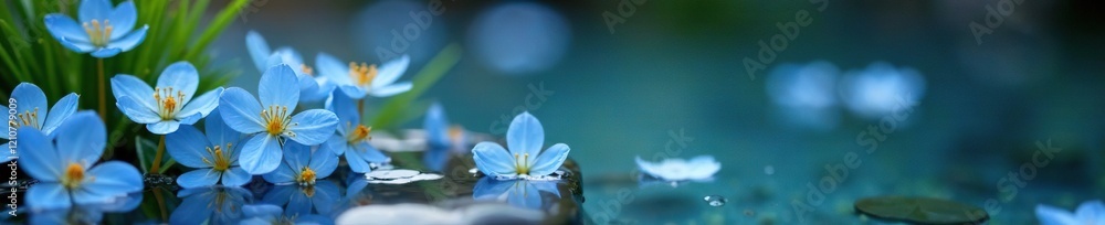 Delicate blue flowers blooming in a small spring pool, nature, petals, spring Delicate blue flowers blooming in a small spring pool, nature, petals, spring