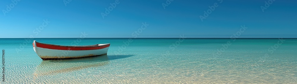 Naklejka premium Bright White Nostalgic Ferry with Red Stripe Cruising Peacefully Across Sparkling Blue Ocean Waters