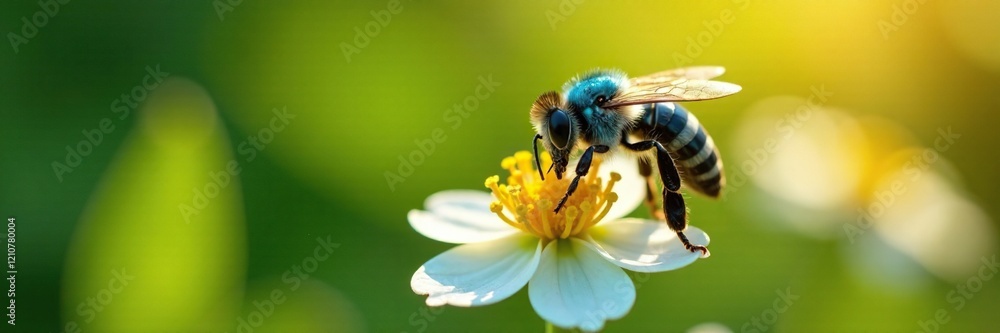 Blue bee collects nectar from lime flowers in warm sunlight, nectar, blue, floral Blue bee collects nectar from lime flowers in warm sunlight, nectar, blue, floral