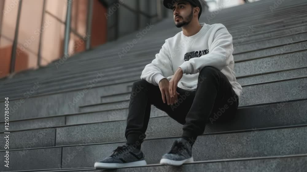 Young man in urban setting relaxing on city steps in casual attire Young man in urban setting relaxing on city steps in casual attire