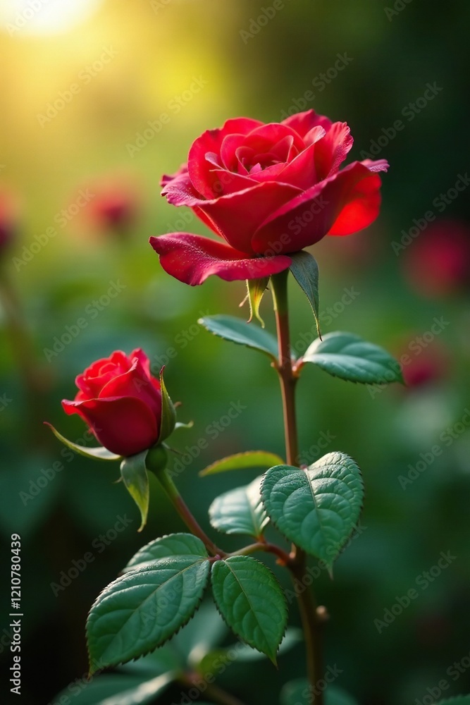 Fresh red roses with dewy leaves and stems in a garden early morning, blossom, dew, nature Fresh red roses with dewy leaves and stems in a garden early morning, blossom, dew, nature