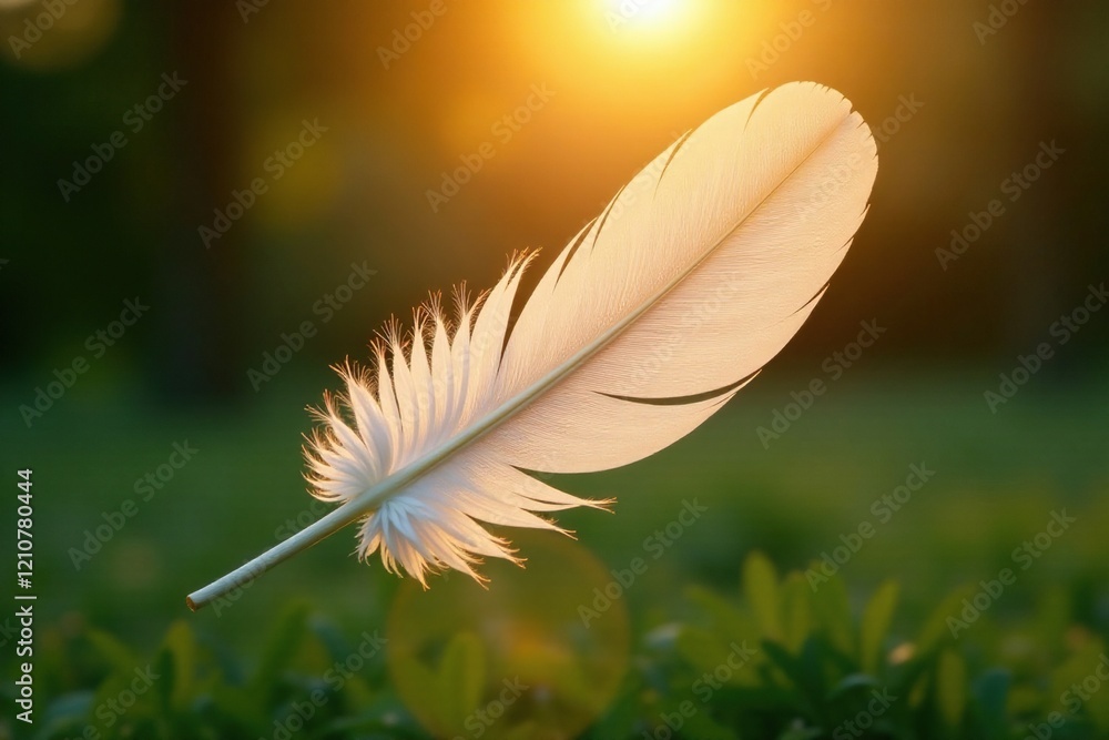 Naklejka premium A single feather softly aglow in morning sunlight, soft light, gentle warmth