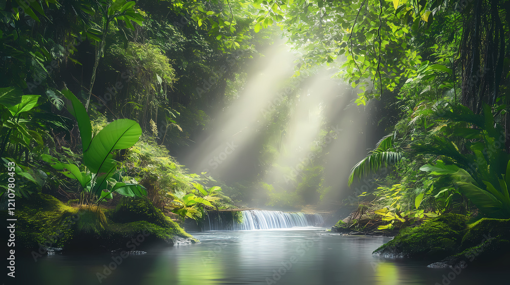 Enchanted rainforest oasis crystalline river winds through lush emerald canopy sunbeams filtering through misty air vibrant flora hidden creatures ethereal atmosphere. Emerald Oasis. Illustration Enchanted rainforest oasis crystalline river winds through lush emerald canopy sunbeams filtering through misty air vibrant flora hidden creatures ethereal atmosphere. Emerald Oasis. Illustration