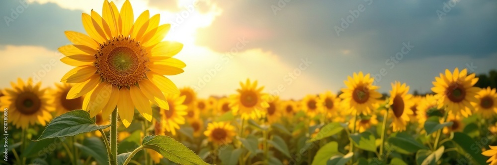 Obraz premium Morning sunbeams dance through tall sunflower, sunlight, sunflowers, tall