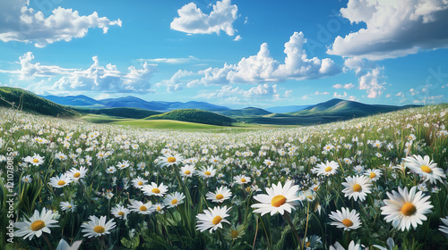 A lush field of blooming daisies with rolling hills in the distance, soft wind rustling the petals. A calm blue sky dotted with fluffy white clouds. Generated AI photo