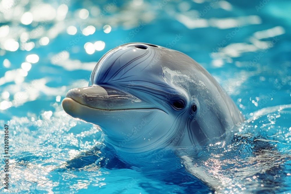Obraz premium A playful dolphin emerges from glistening turquoise waters, its smooth surface catching the sunlight, evoking joy and freedom.
