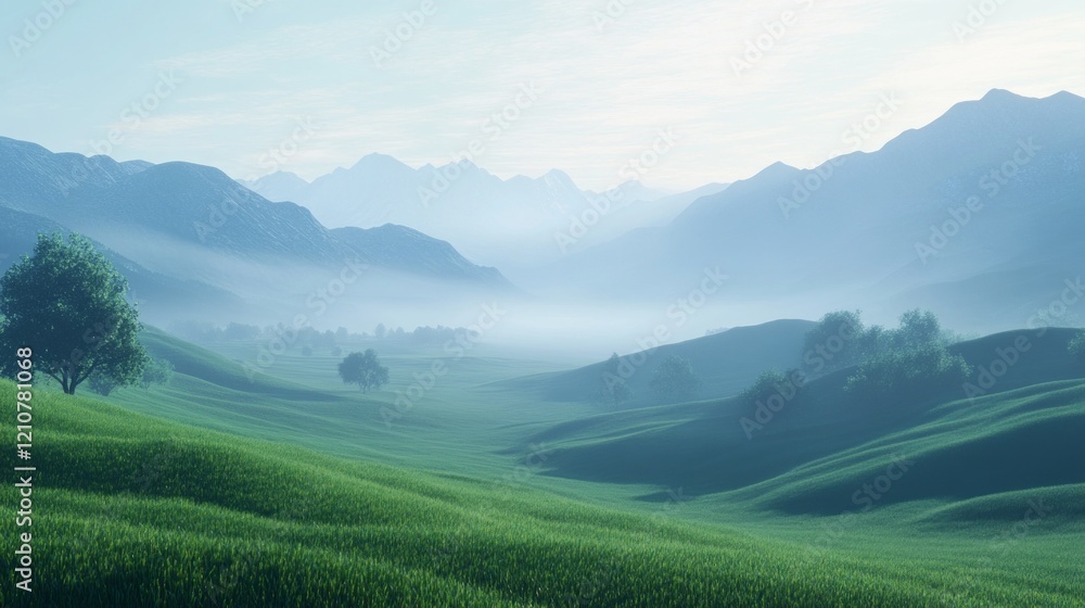 Fototapeta premium lush green valley with misty mountains in background, high detail, serene and peaceful, natural and calming, tranquil and picturesque landscape