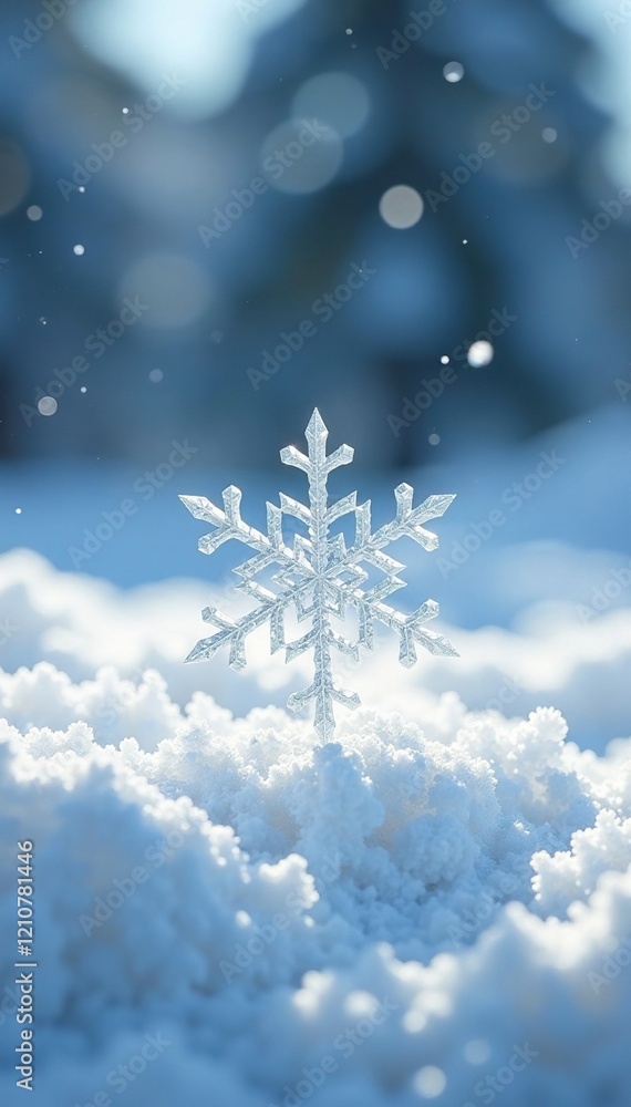 Diamond snowflake gently falling on pristine white surface, white, serene Diamond snowflake gently falling on pristine white surface, white, serene