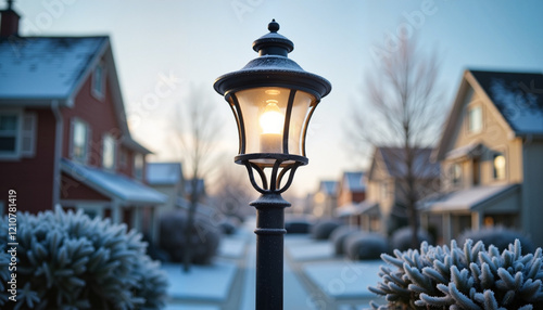 Frosted lamp post glowing in suburban neighborhood at dawn, winter beauty photo