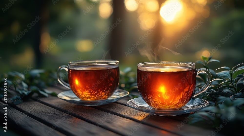 Enjoying warm tea during a serene sunset in a tranquil garden setting Enjoying warm tea during a serene sunset in a tranquil garden setting