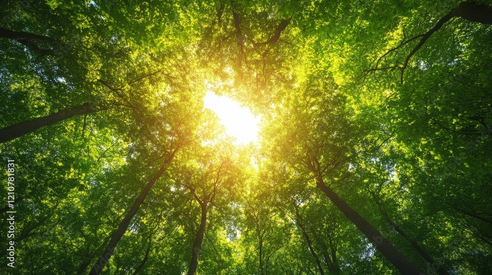 Fototapeta premium Majestic Forest Canopy: Sunlight Piercing Through Lush Greenery