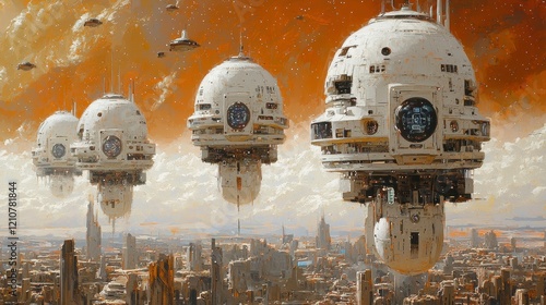 Futuristic flying cities hover over a desert landscape with UFOs in the sky. photo