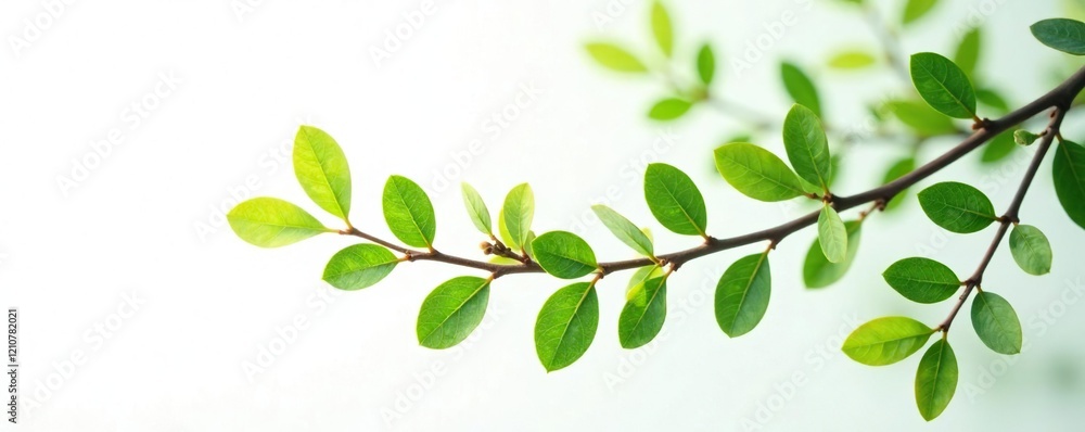 Delicate privet twig branches unfolding on white background, green, foliage Delicate privet twig branches unfolding on white background, green, foliage