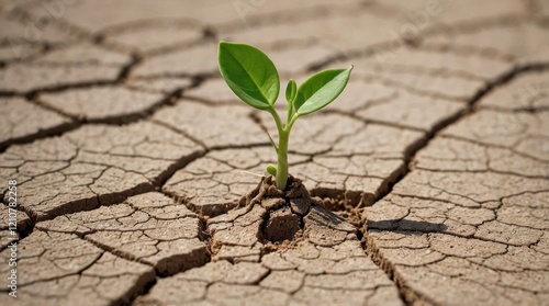 Plant growing from dry cracked earth, from crack, plant in dry earth, cracked earth, strong plant