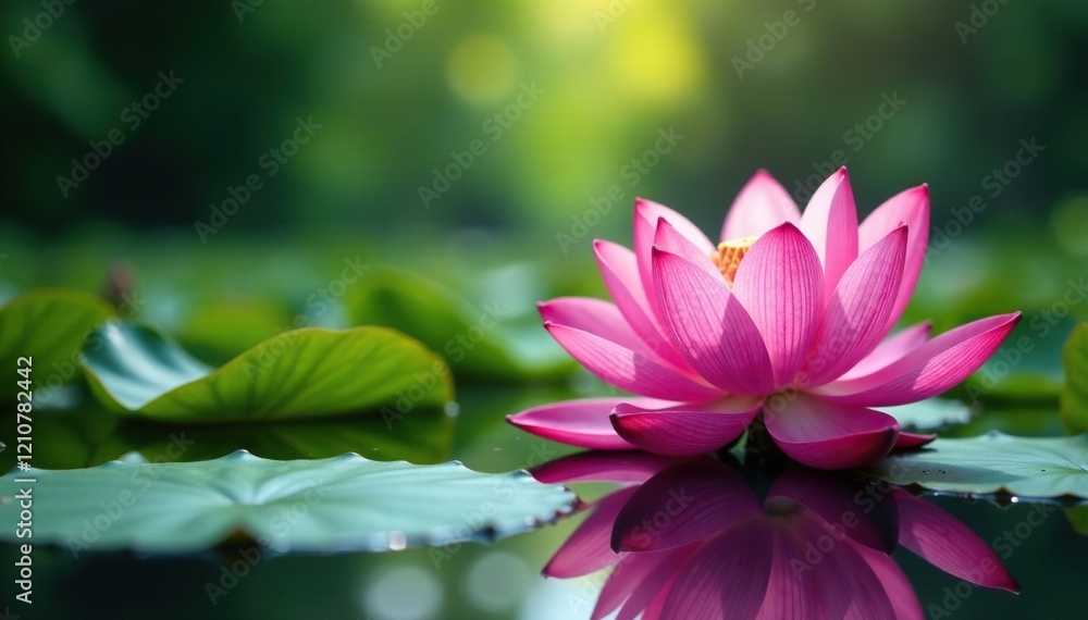 Obraz premium Blooming pink lotus on the pond's surface shines, peaceful, lotus, petal