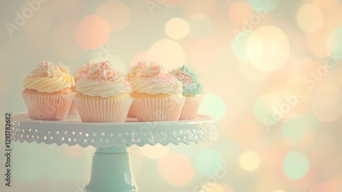 A festive gathering with a tiered cupcake stand adorned with colorful cupcakes, positioned in front of a bright and cheerful setting photo