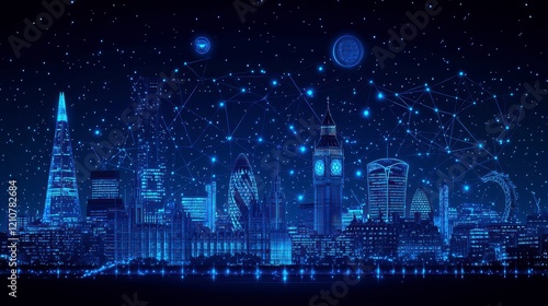 London skyline at night, glowing with digital connections.