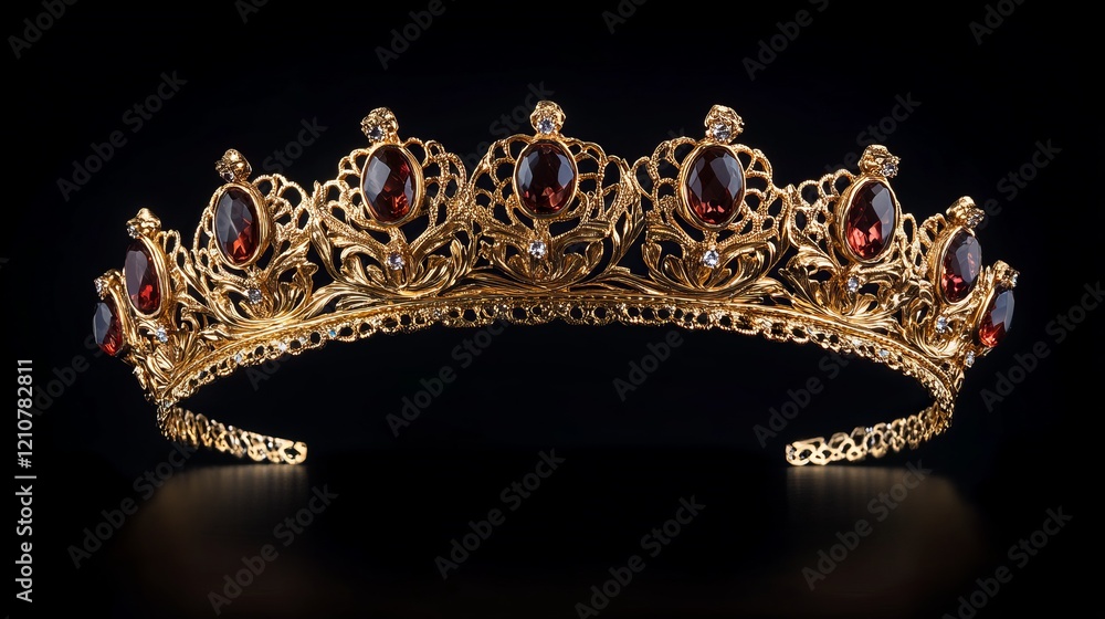 Luxury golden crown with intricate gemstone details, royal design, highly polished, reflecting light, isolated background