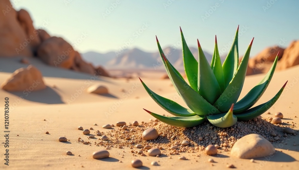 Aloe plant growing in the desert with rocks and sand, sand, arid, desert Aloe plant growing in the desert with rocks and sand, sand, arid, desert