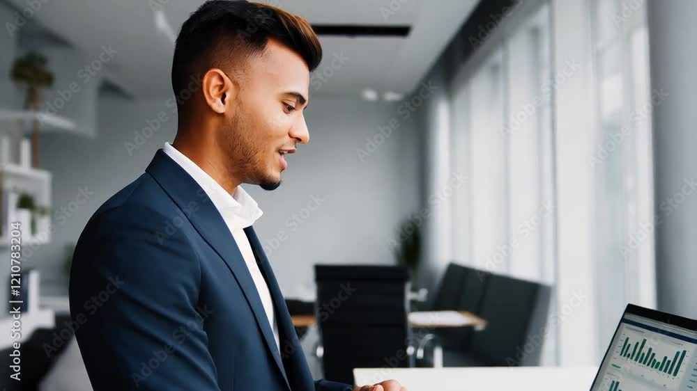 Businessman Analyzes Data on Laptop at Modern Office During Working Hours Businessman Analyzes Data on Laptop at Modern Office During Working Hours