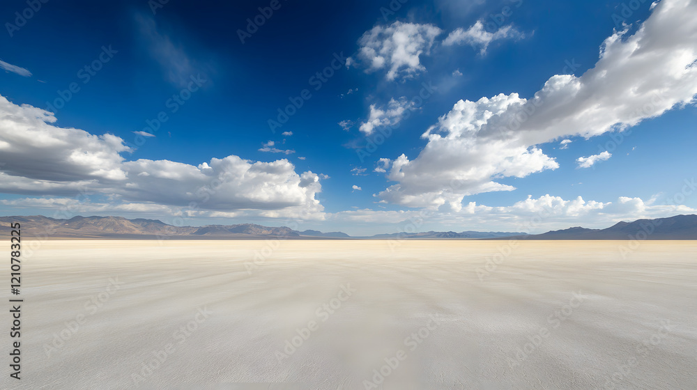 A vast, flat desert landscape under the blue sky with beautiful white clouds A vast, flat desert landscape under the blue sky with beautiful white clouds