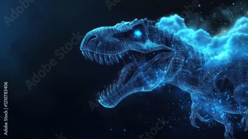 Digital illustration of a roaring Tyrannosaurus Rex, composed of glowing, interconnected lines and points, against a dark background. photo