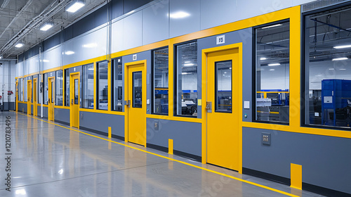 Designated work areas are well-marked in yellow, emphasizing safety and productivity in a clutter-free environment with gray and blue accents.