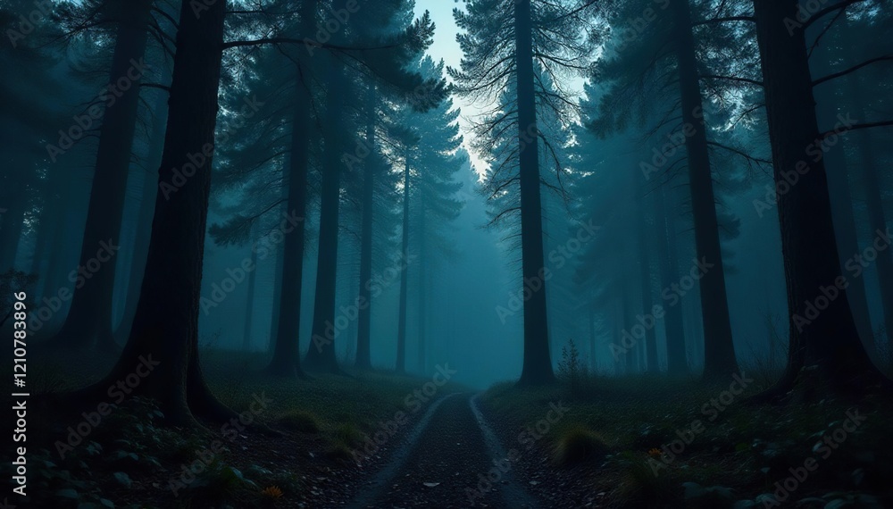 Fototapeta premium Dense forest at dusk with tall trees and eerie shadows, natural world, darkness, mystery