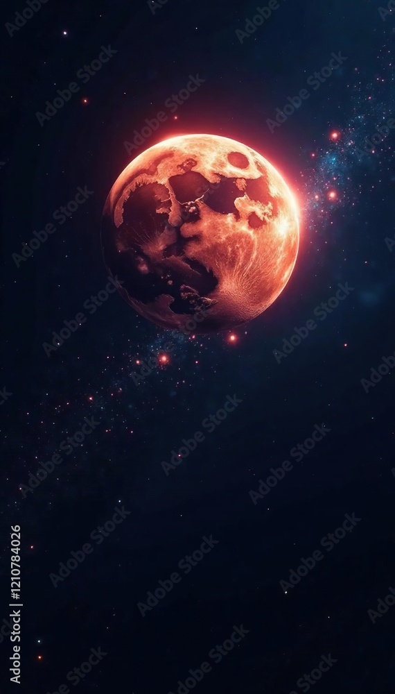 Fototapeta premium Spacecraft orbiting a glowing moon in the blackness of space, stars, cosmos, spacecraft