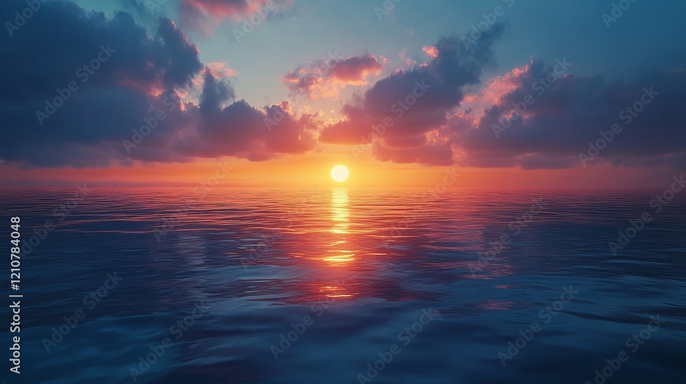 Obraz premium Majestic sunset over ocean horizon, calm and peaceful, rich and vibrant, bright and dynamic, high detail and serene, natural and beautiful reflections