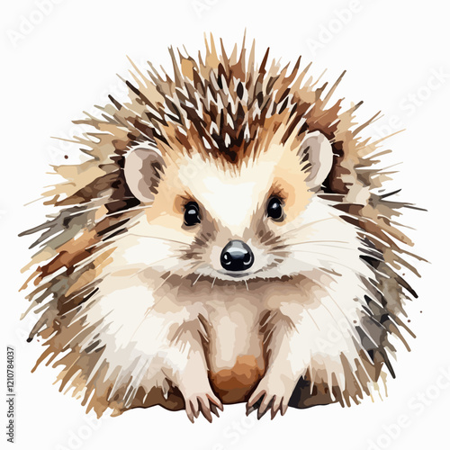 Hand drawn watercolor painting of a of a Hedgehog Portrait. Cute fluffy forest animal with spiky needles, side view, isolated on white background
