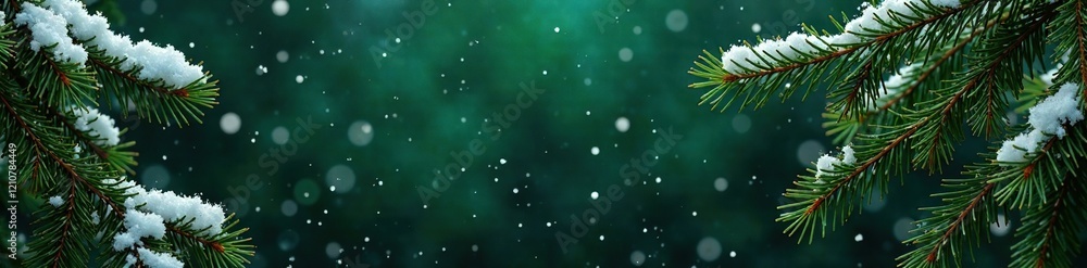 Dark green background with scattered snow-covered fir branches, lichen, winter, moss Dark green background with scattered snow-covered fir branches, lichen, winter, moss