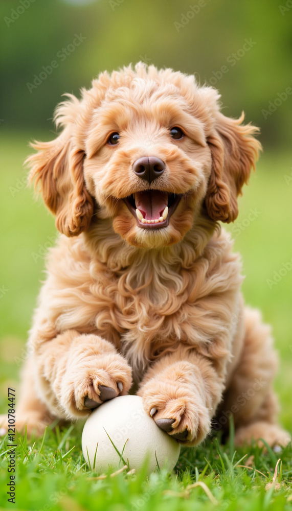 Happy puppy playing with a ball on green grass Happy puppy playing with a ball on green grass