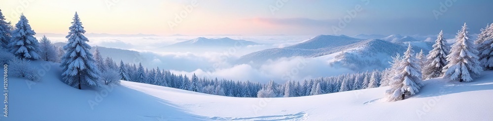Winter wonderland with snow-covered hills and trees, hills, serene Winter wonderland with snow-covered hills and trees, hills, serene