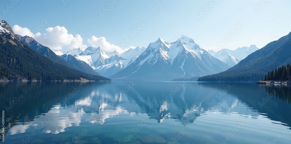 Snowy mountain range reflected in a quiet lake, serene, peaceful, calm Snowy mountain range reflected in a quiet lake, serene, peaceful, calm