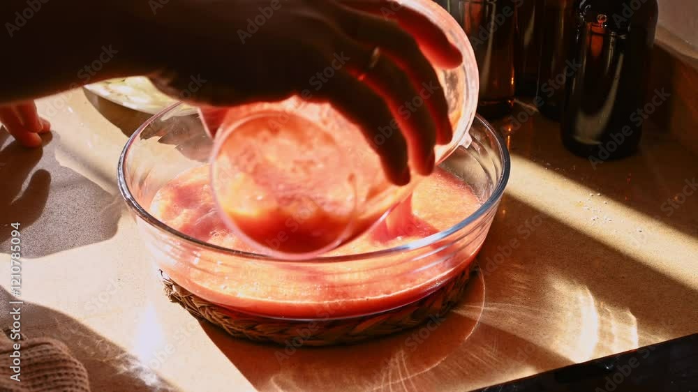 Pouring Tomato Sauce into a Glass Bowl for Cooking Ratatouille Pouring Tomato Sauce into a Glass Bowl for Cooking Ratatouille