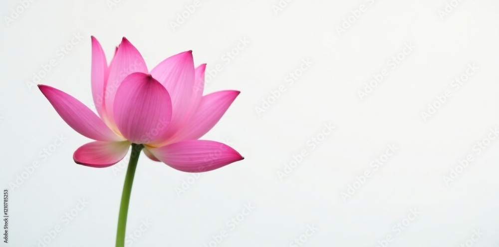 Fototapeta premium Delicate pink lotus blooms on a serene white background, its petals gently unfolding, simplicity, white background