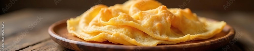 Flaky pastry layers unfolding on wooden plate, wood, homemade, natural light Flaky pastry layers unfolding on wooden plate, wood, homemade, natural light