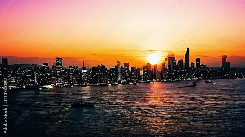 Stunning sunset over Hong Kong's skyline and harbor with boats cruising along the water
Stunning sunset over Hong Kong's skyline and harbor with boats cruising along the water