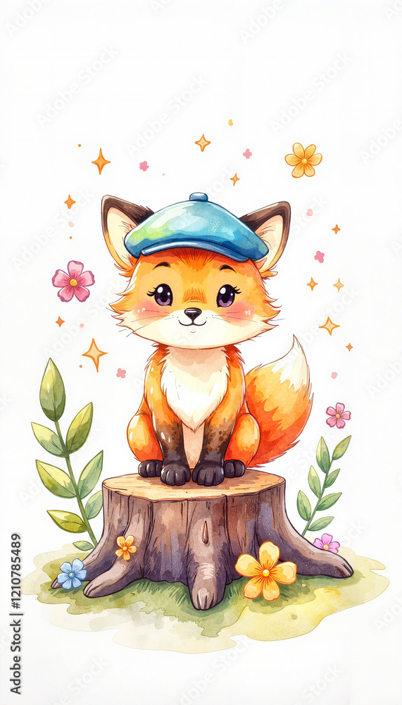 Naklejka premium Cute fox wearing a hat sitting on a tree stump with flowers
